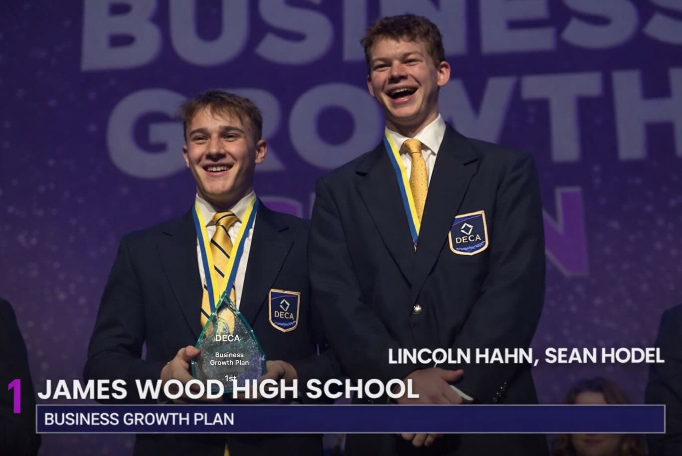 Sean Hodel on stage at the Virginia DECA state conference, where his Business Growth Plan took 1st place in the state