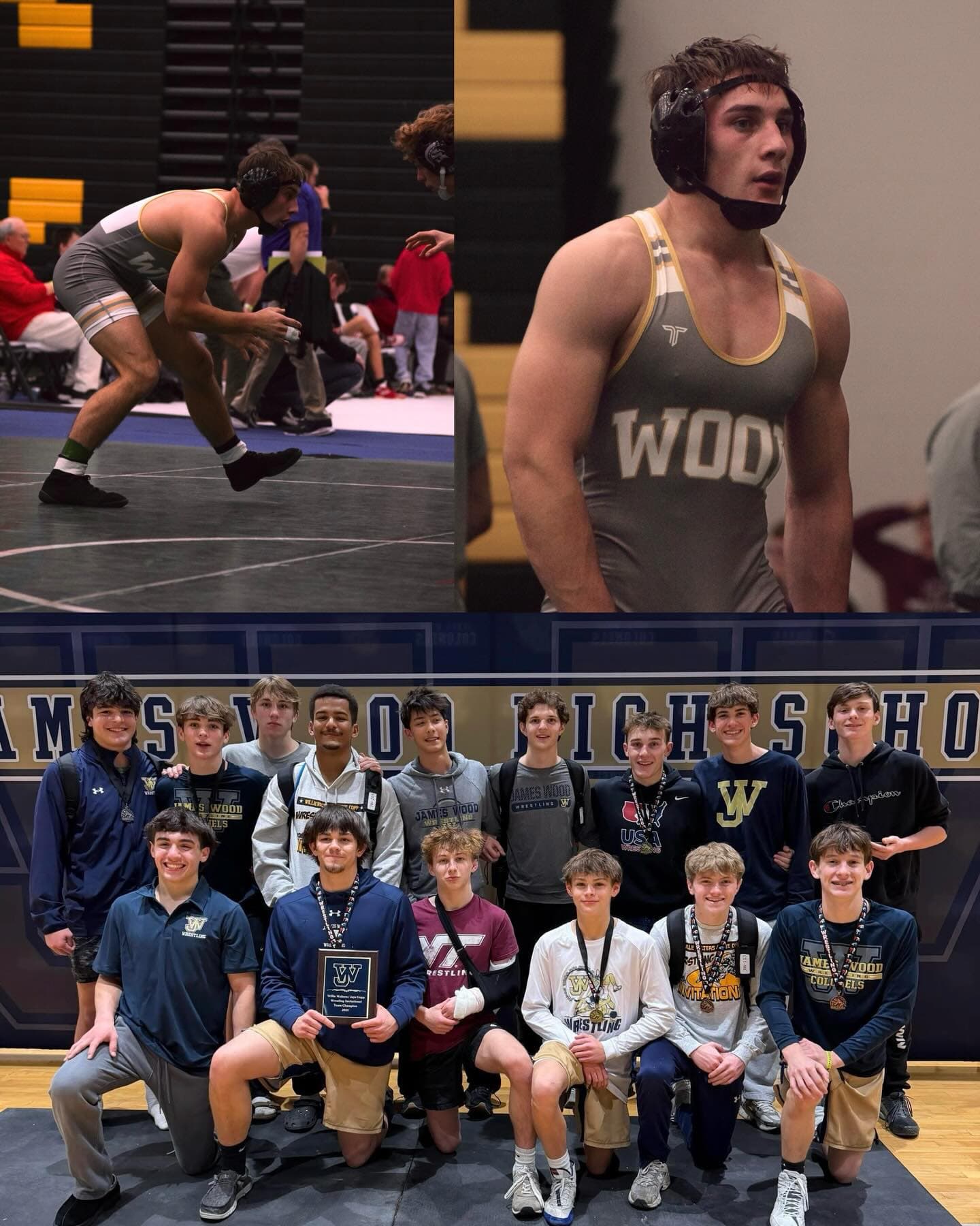 Sean Hodel wrestling for James Wood High School and with his teammates holding a team plaque
